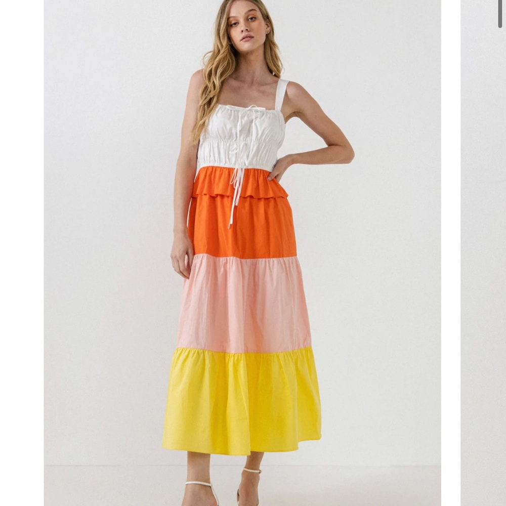 NWT English Factory COLOR BLOCK TIED DETAIL SHIRRING DRESS size small